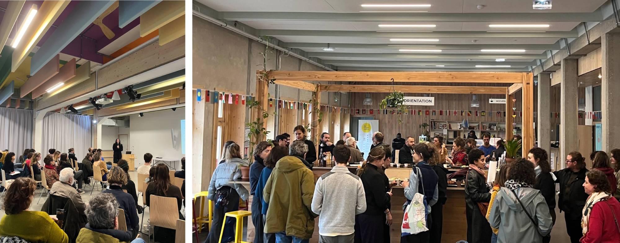 Journée recherche d’ASSOCIER : atelier de partage dans la salle polyvalente et déjeuner dans le hall de la maison des réfugiés