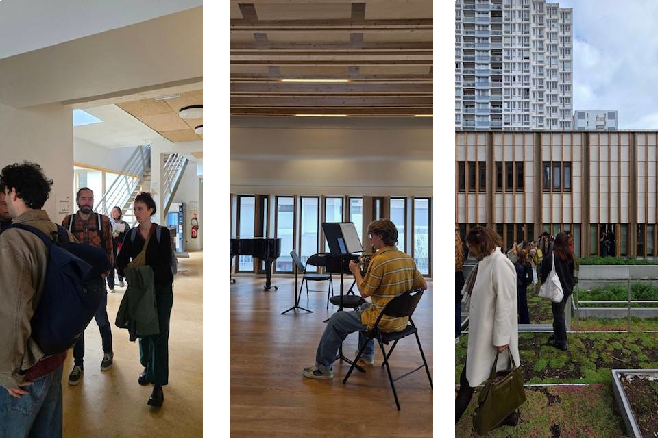 Près de l’entrée, la salle d’attente éclairée par le patio; le grand volume de la salle d’orchestre utilisé dès cette heure matinale par un soliste;  la dalle existante devenue jardin potager  Photos V.Doray