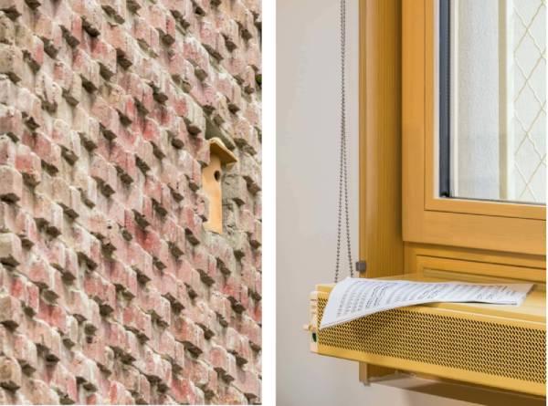 Détail du mur en pavés de réemploi avec intégration de nichoirs et des entrées d’air permettant la ventilation naturelle.  Photos S. Grazia